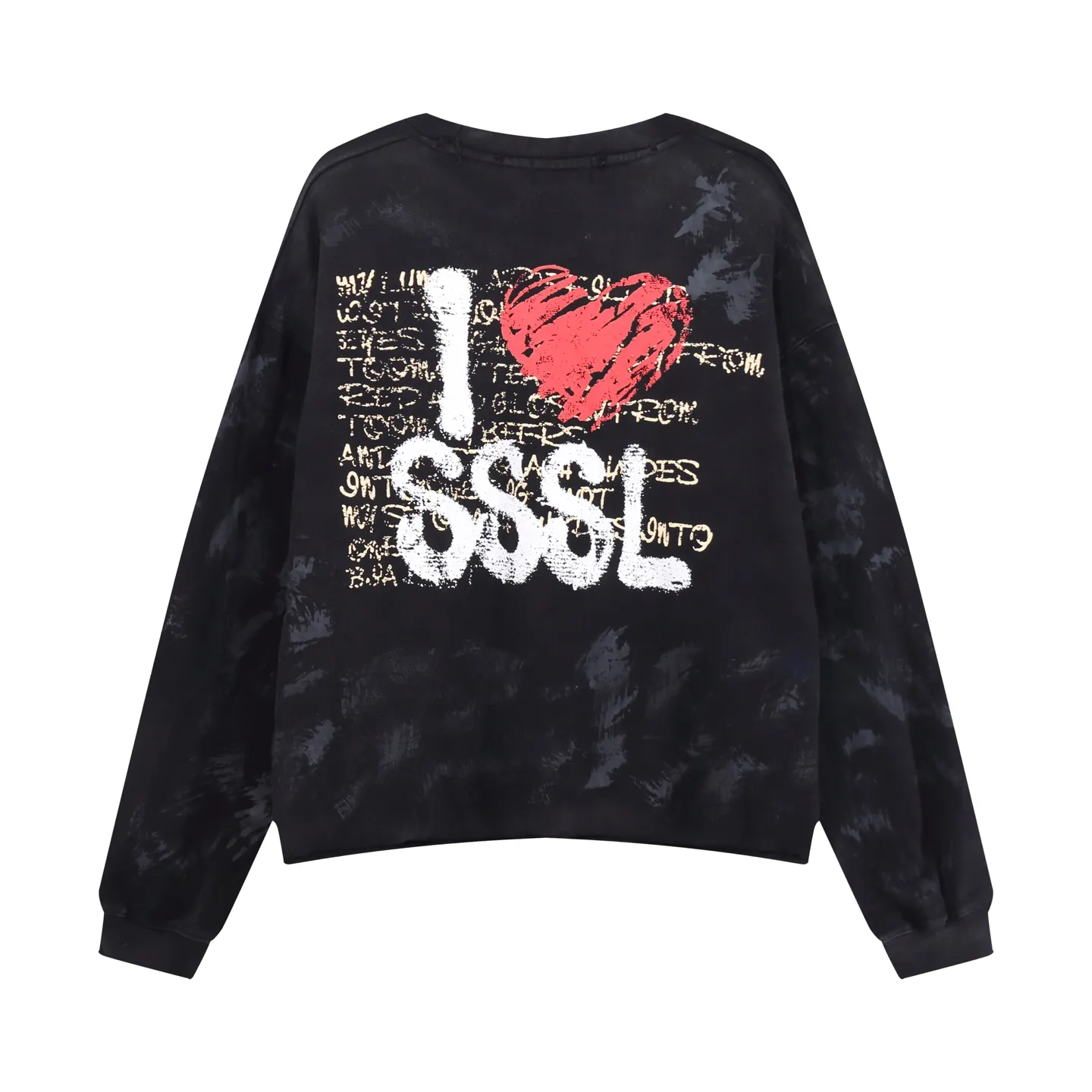 Style No. S227 P260💰 (450g version) SSSAINT LOUIS love ❤️letter logo printing. Round neck long T sweatshirt. Made of 450g dense cotton fabric, heavy-duty without hem thread fraying. + artificial hand-painted dirty and old retro fashion style! Highly recognizable. Loose fit, same style for men and women. Size: S-XL